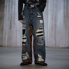 FACEONLAB Distressed Patch Leopard Paneled Jeans