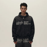 SAVAGEGROWTHWORLD Bullet Hole Graphic Washed Zip-Up Hoodie
