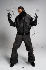 FLYERRER Mutation Layered Armor Spliced Faux Leather Jacket Black