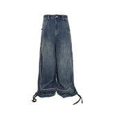 PCCVISION Contrast Stitch Embroidered Washed Jeans