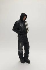 SAVAGEGROWTHWORLD Striped Faux Leather Padded Bomber Jacket