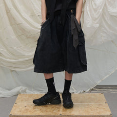 RELABEL Detachable Scarf Washed Multi-Pocket Wide-Leg Shorts Black