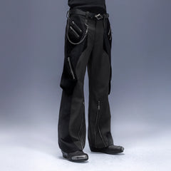 XIPHEVIL Paneled Multi-Pocket Zip Cargo Pants Black