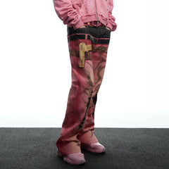 DND4DES Distressed Print Double-Waist Flare Jeans Pink