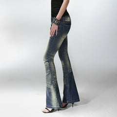 PCCVISION Washed Flap Pockets Slim Flared Jeans