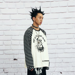 VENTUREK Punk Graphic Multi-Zip Striped Raglan Long-Sleeve Tee