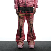 DND4DES Distressed Print Double-Waist Flare Jeans Pink