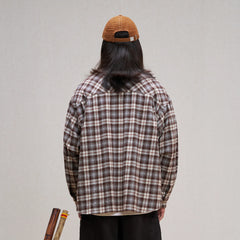 UNLIMITED MOTE Plaid Oversized Half-Open Collar Shirt Brown