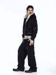 FLYERRER Detachable Faux-Fur Trim Cropped Jacket