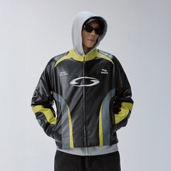 F2CE Contrast Panel Embroidered Moto Jacket