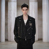 FACEONLAB Metal Badge Multi-Zip Tweed Biker Jacket