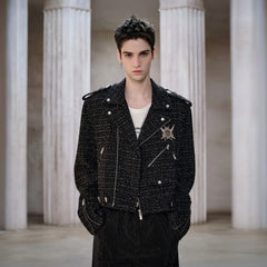 FACEONLAB Metal Badge Multi-Zip Tweed Biker Jacket