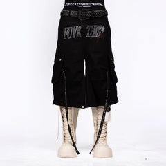 FVVO Distressed Rivet Strap Cargo Shorts Black