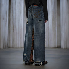 FACEONLAB Distressed Patch Leopard Paneled Jeans