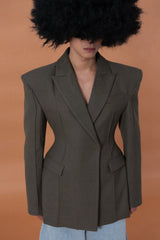 CLP Cinched-Waist Padded Shoulder Blazer Brown