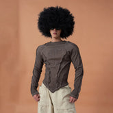 CLP Distressed Raw-Seam Paneled Long-Sleeve Tee