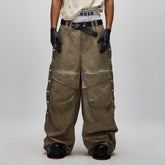 FLYERRER Distressed Eyelet-Side Big-Pocket Pleated-Knee Cargo