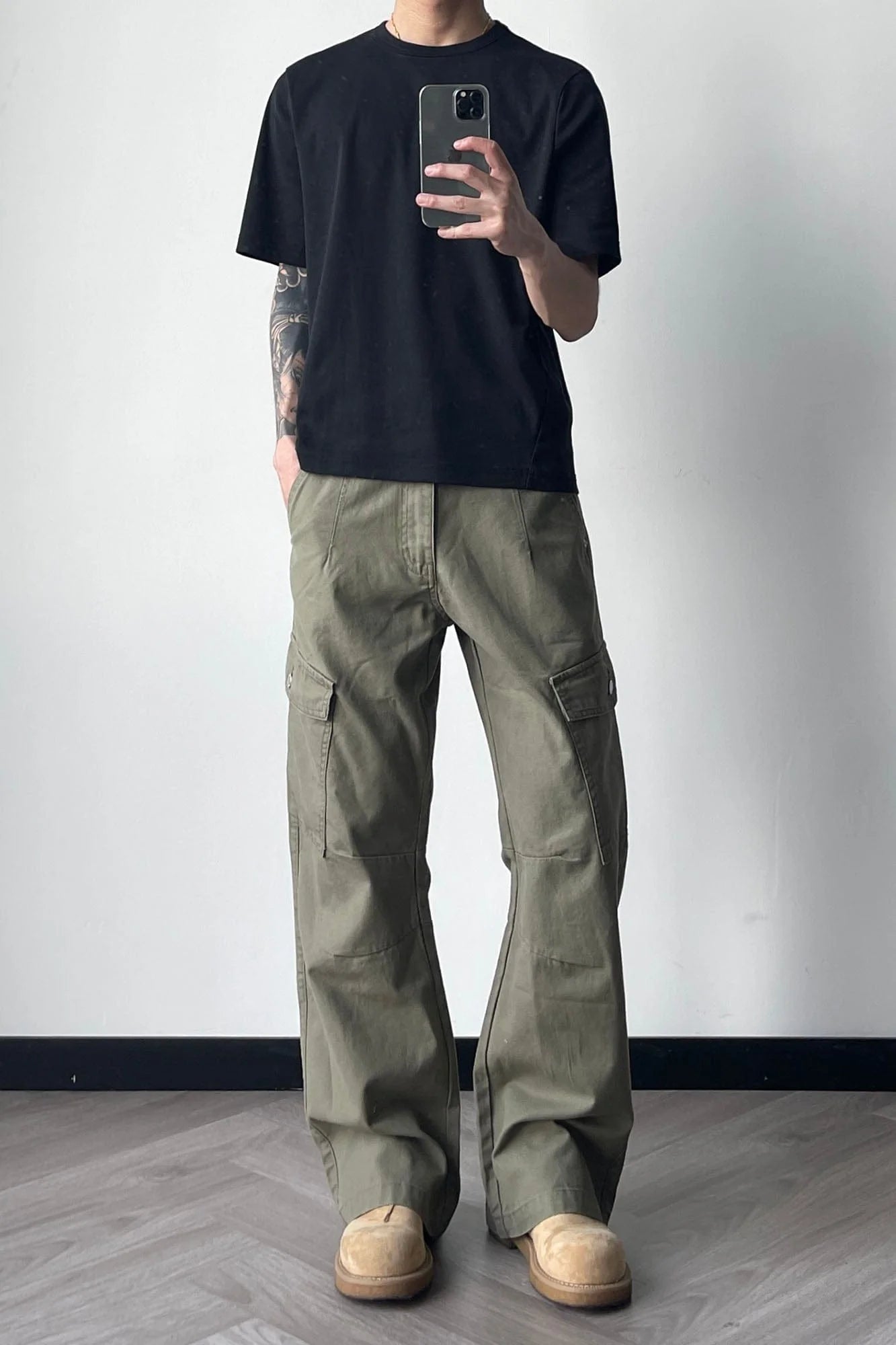 OKAYTHXBYE Washed Button Flap-Pocket Cargo Pants
