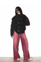 TRECLUB Velvet Double-Breasted Short Trench Jacket