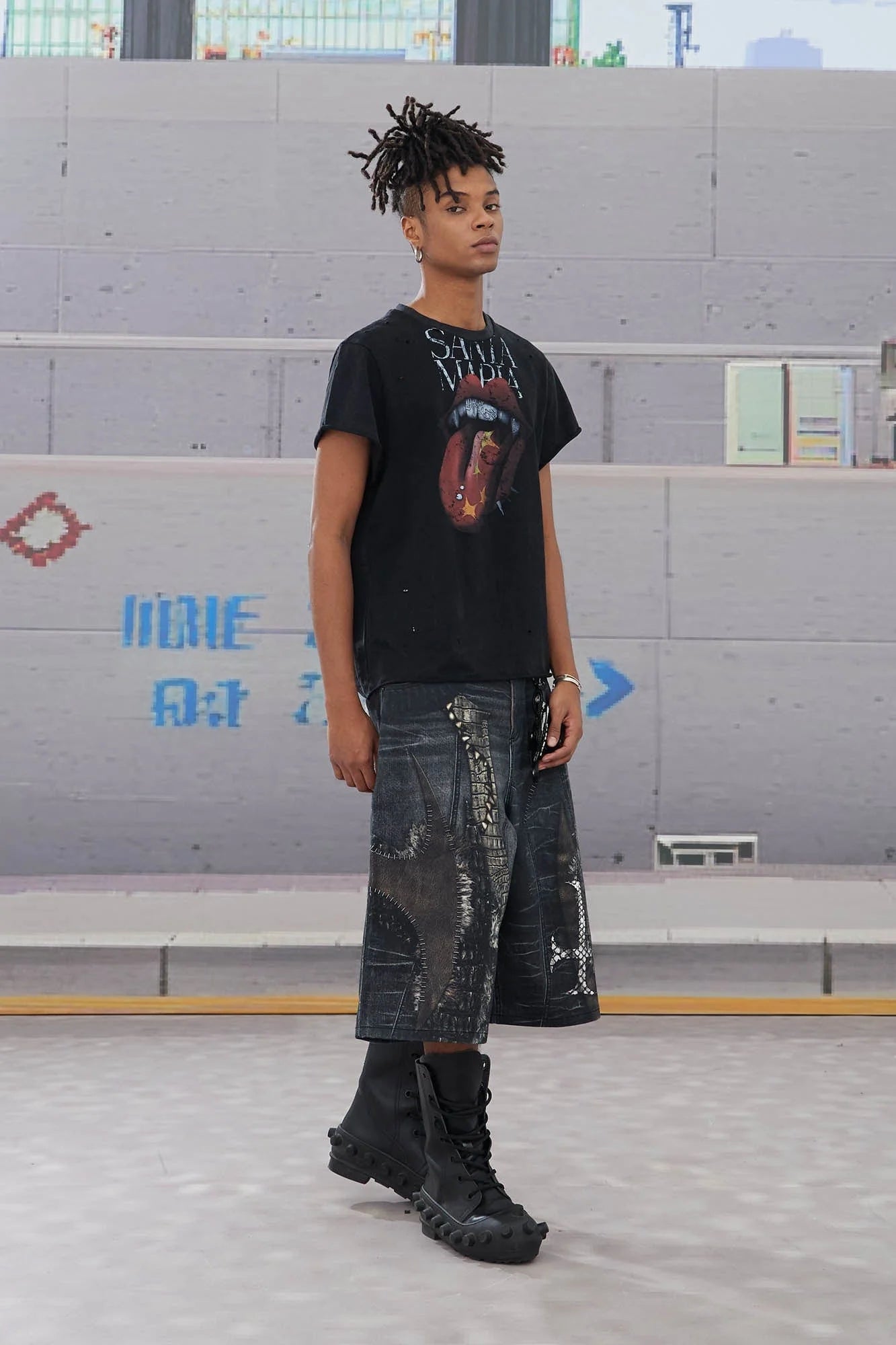 DND4DES Croc Cross Panel Washed Bermuda Denim Shorts
