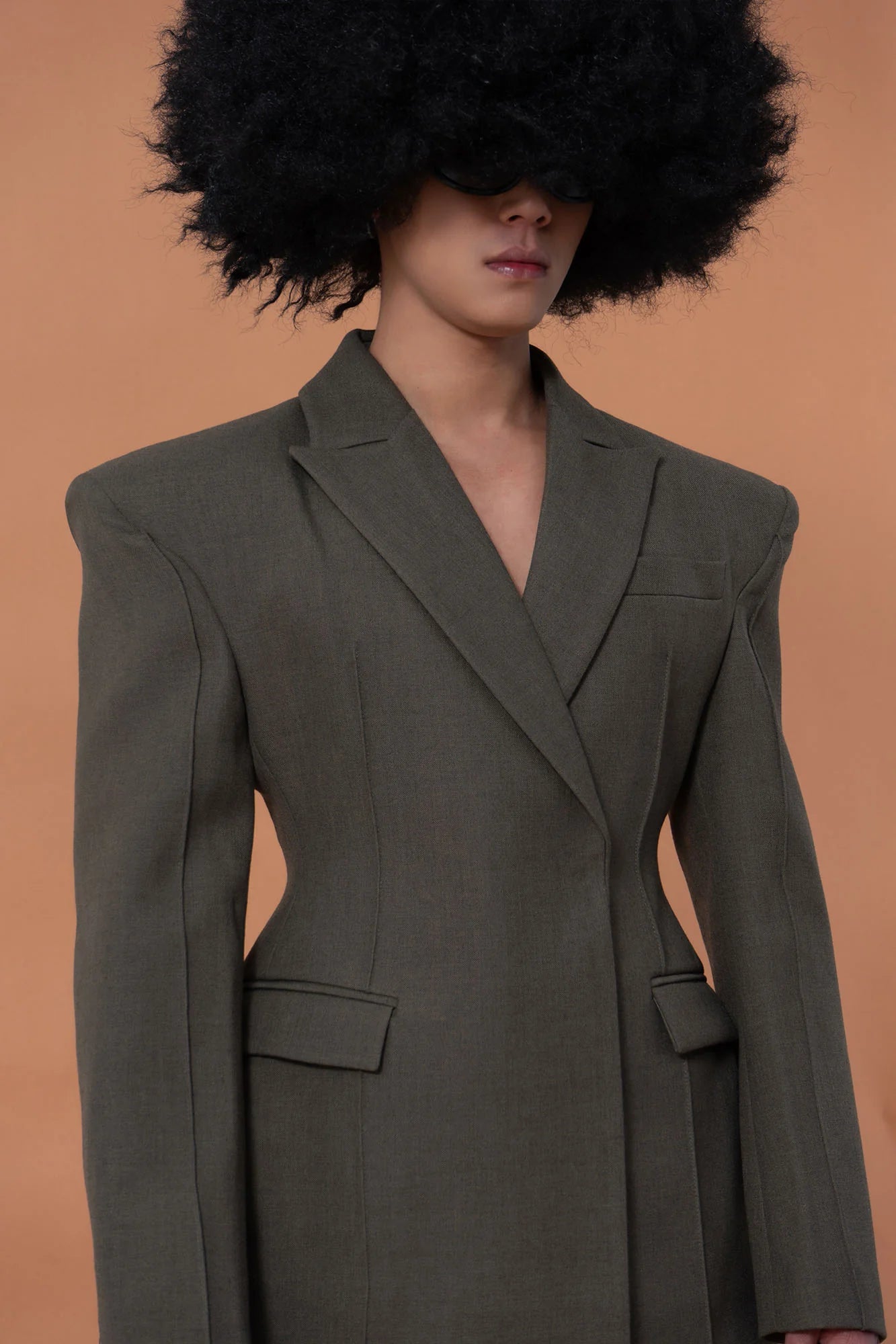 CLP Cinched-Waist Padded Shoulder Blazer Brown