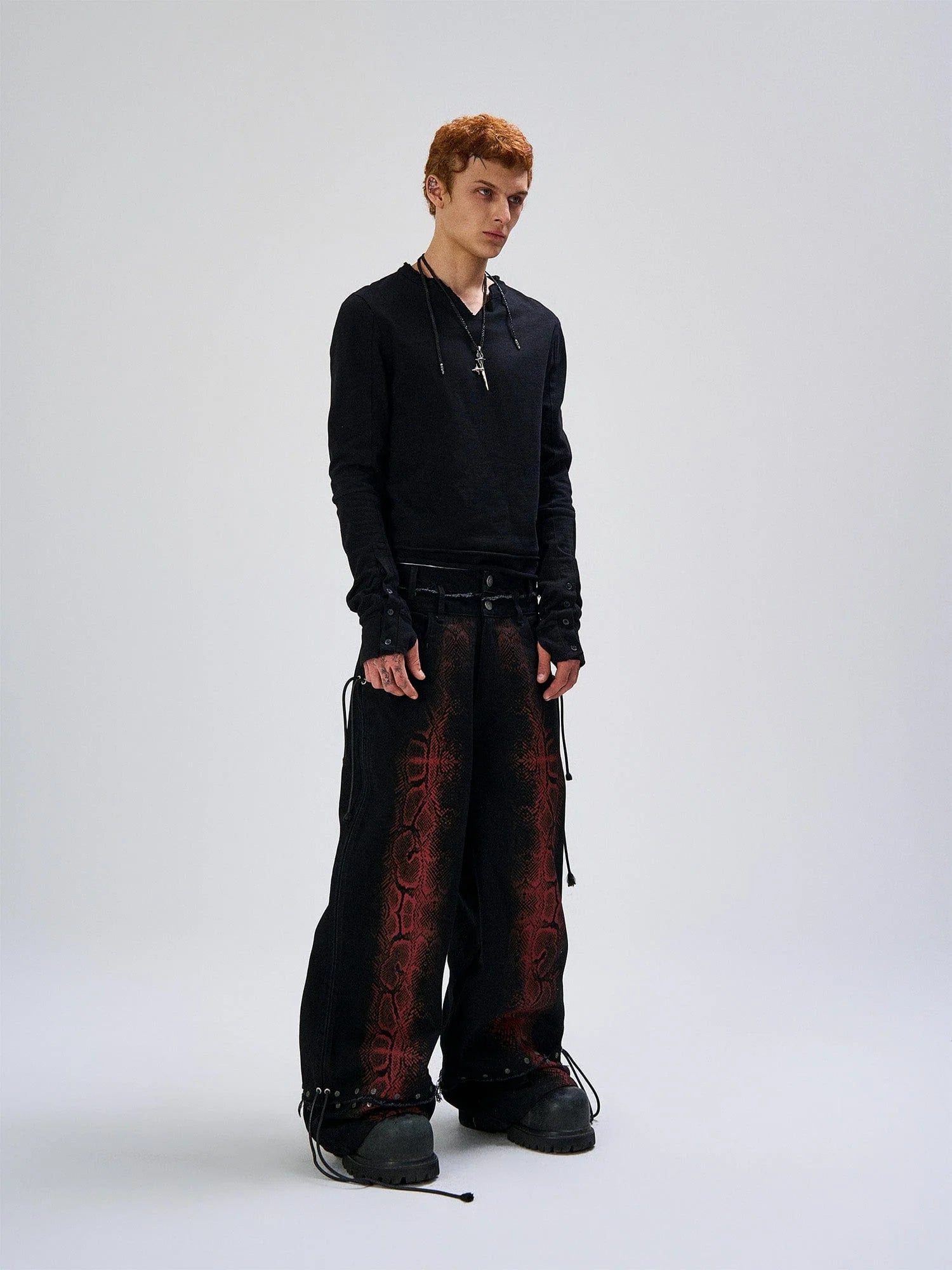 FLYERRER Washed Contrast Snakeskin Drawcord Wide-Leg Jeans