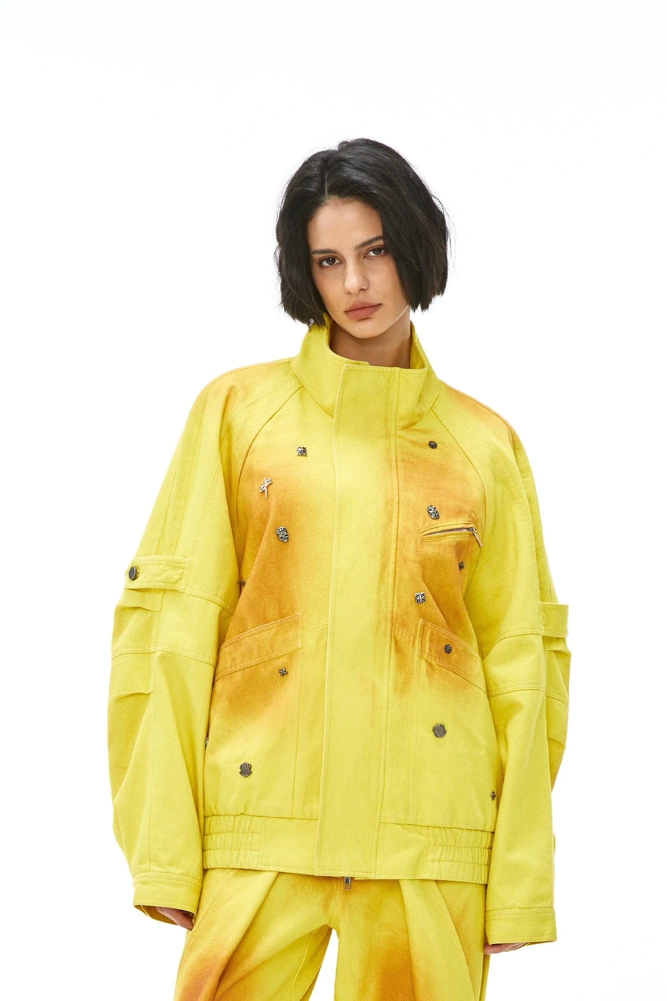VANN VALRENCE Studded Gradient Stand Collar Oversized Jacket