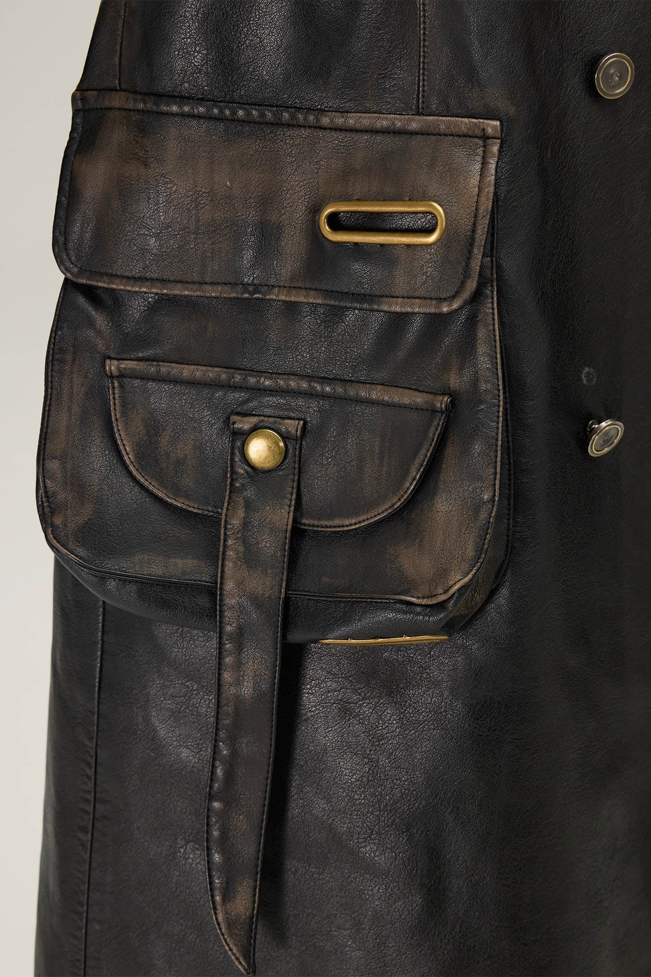 FLYERRER Multi-Pocket Belted Faux Leather Trench Coat
