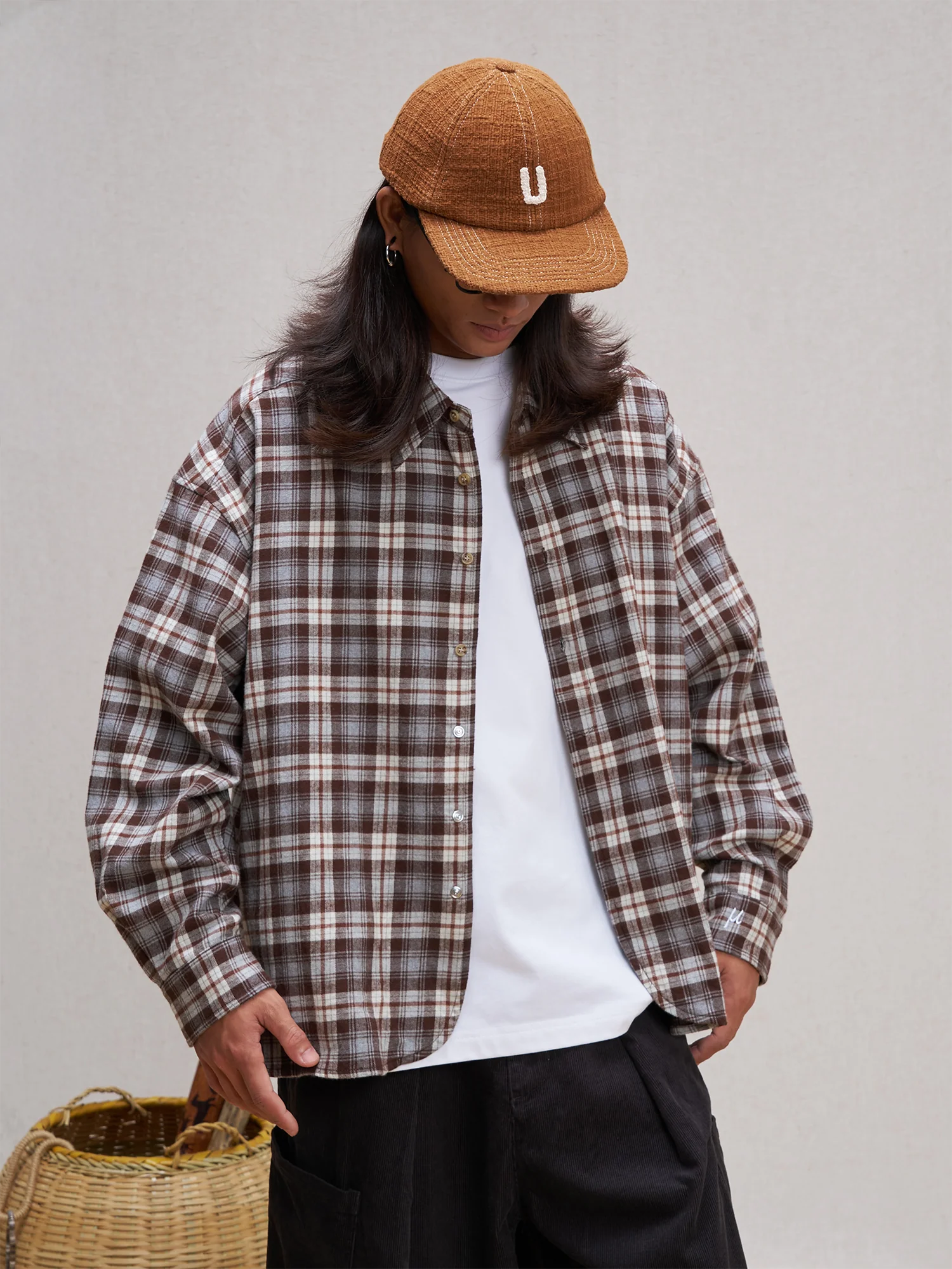 UNLIMITED MOTE Plaid Oversized Half-Open Collar Shirt Brown
