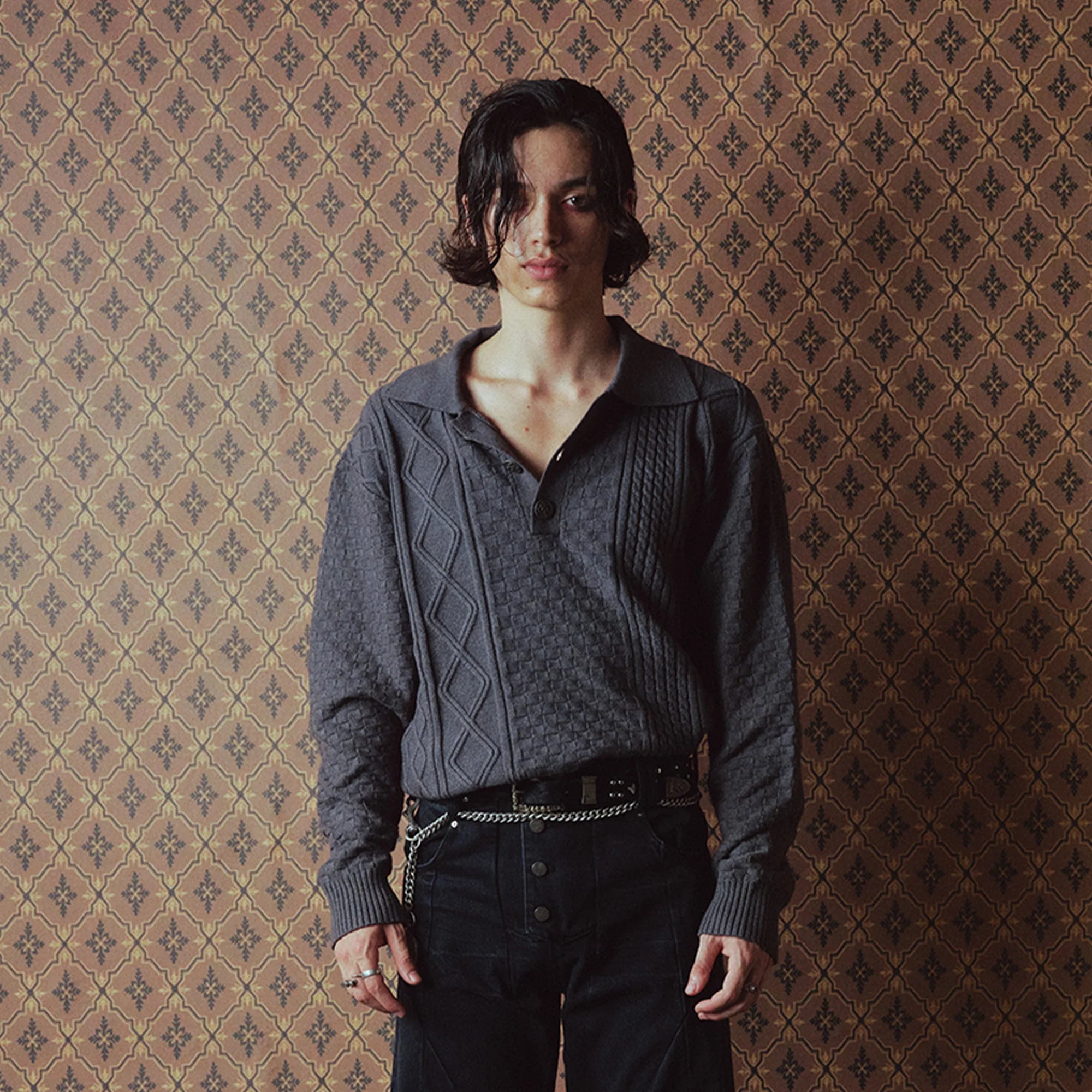RICHILL Classic Mental-Button Cable Polo Sweater