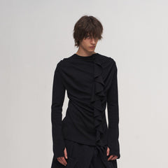 ILNya Nieternite Nifutur Ruffled Mock Neck Thumb Holes Wrinkled Base Layer