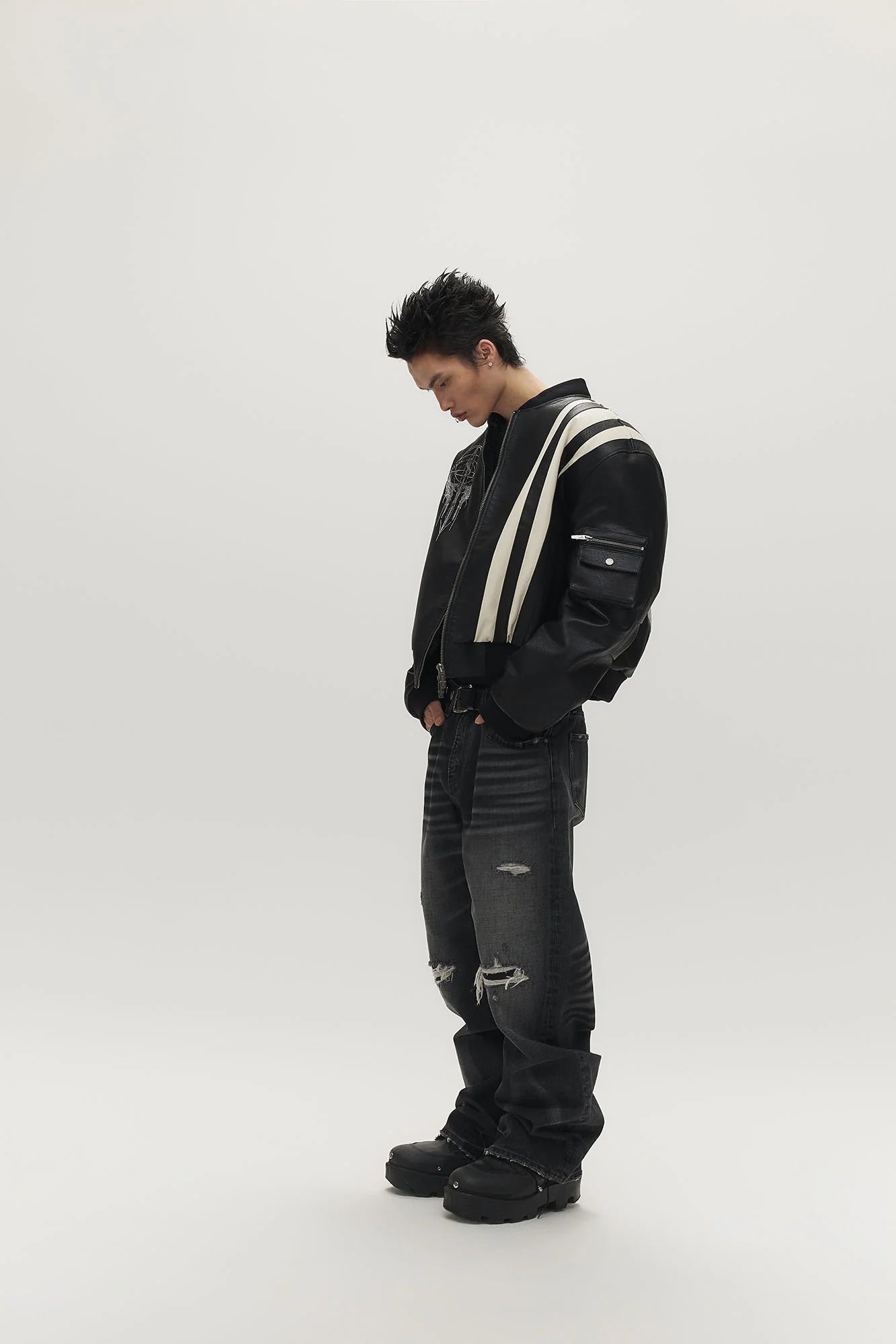 SAVAGEGROWTHWORLD Striped Faux Leather Padded Bomber Jacket