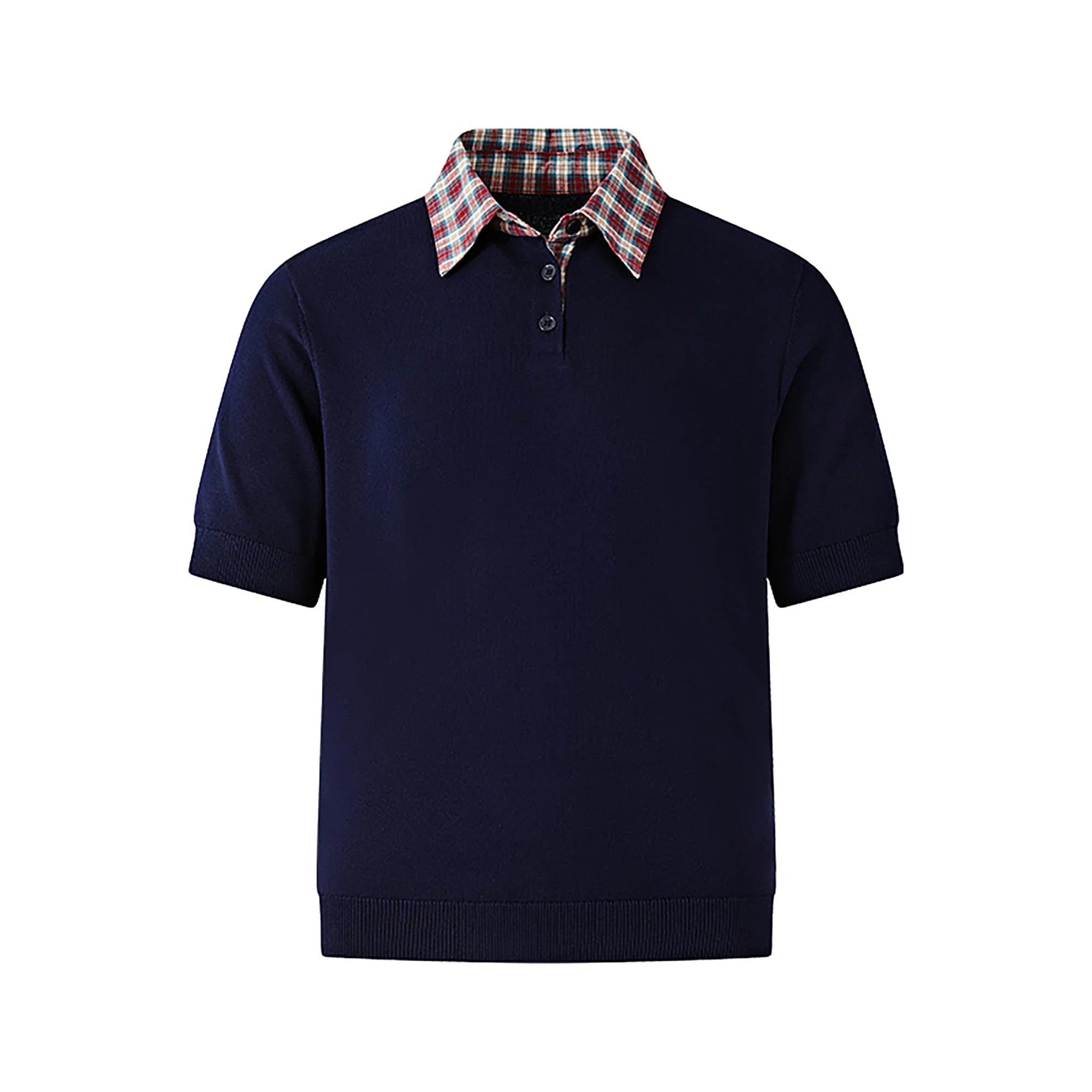 KREATE Preppy Spliced Plaid Collar Knit Polo