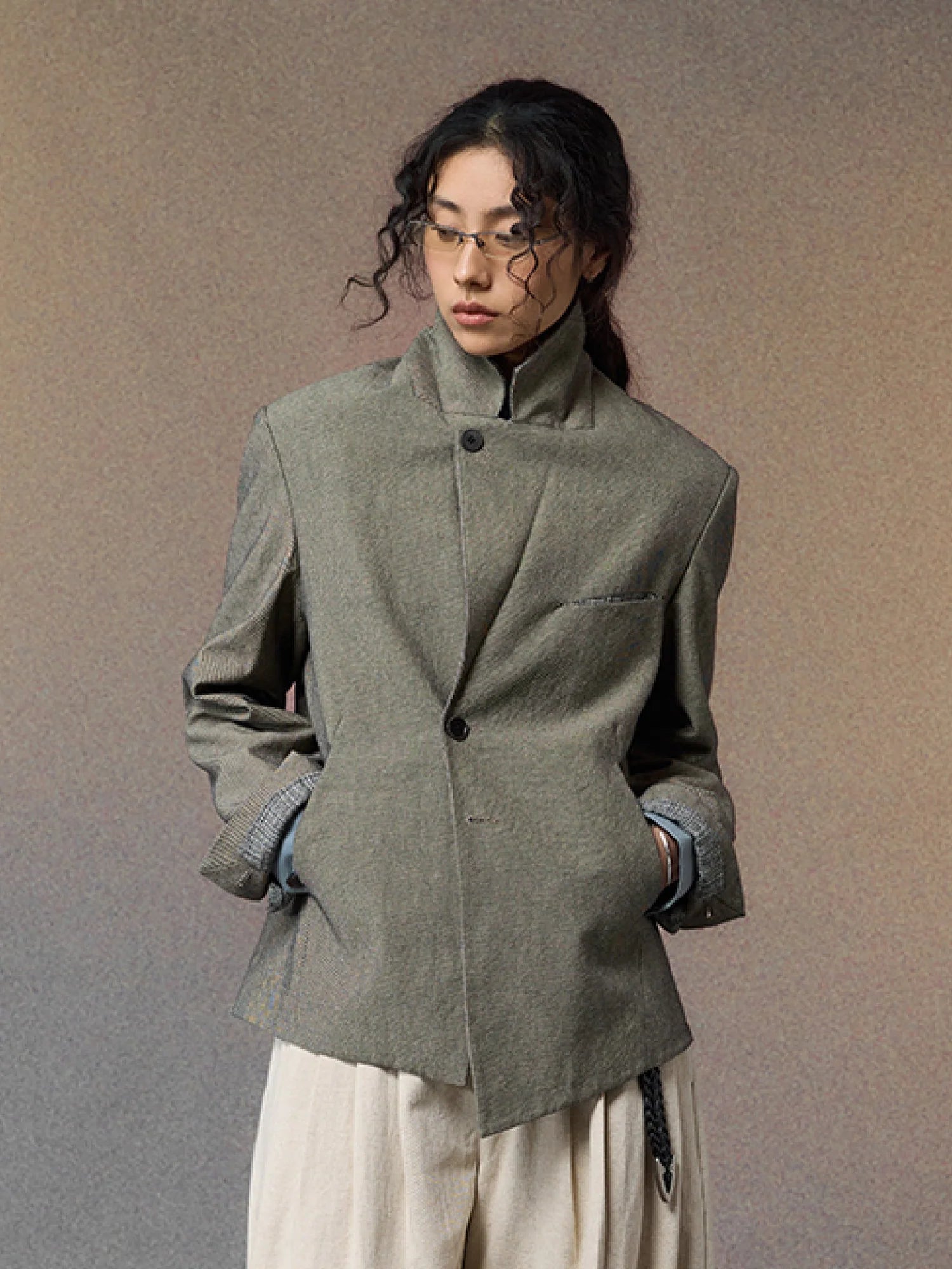 ALVNG AR ANTS Spliced Dual-Collar Linen-Blend Blazer
