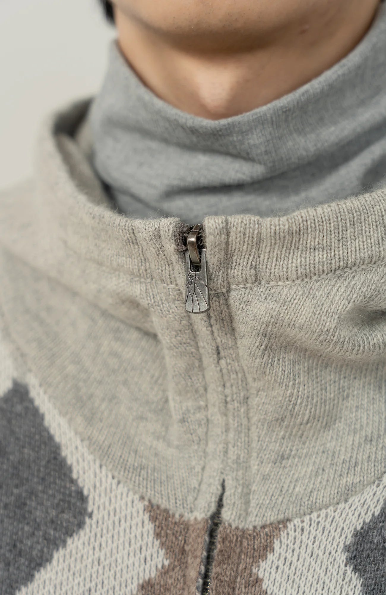 MOITIEDEPETALE Argyle Dual Zip Hooded Cardigan