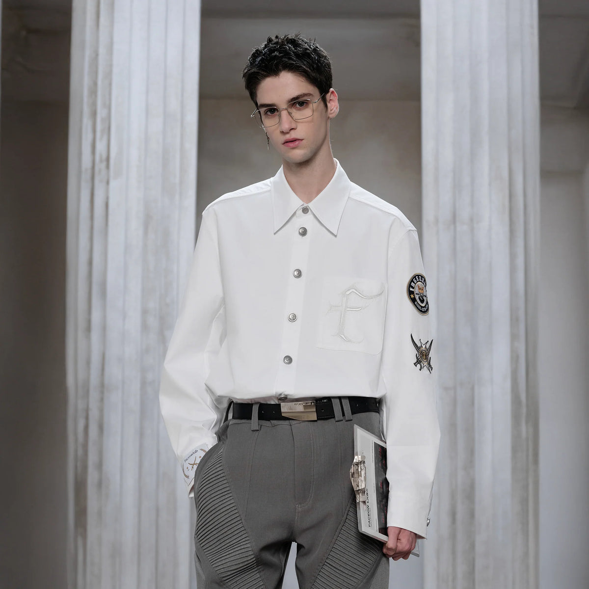 FACEONLAB Mental-Button Embroidered Badge-Patch Shirt White