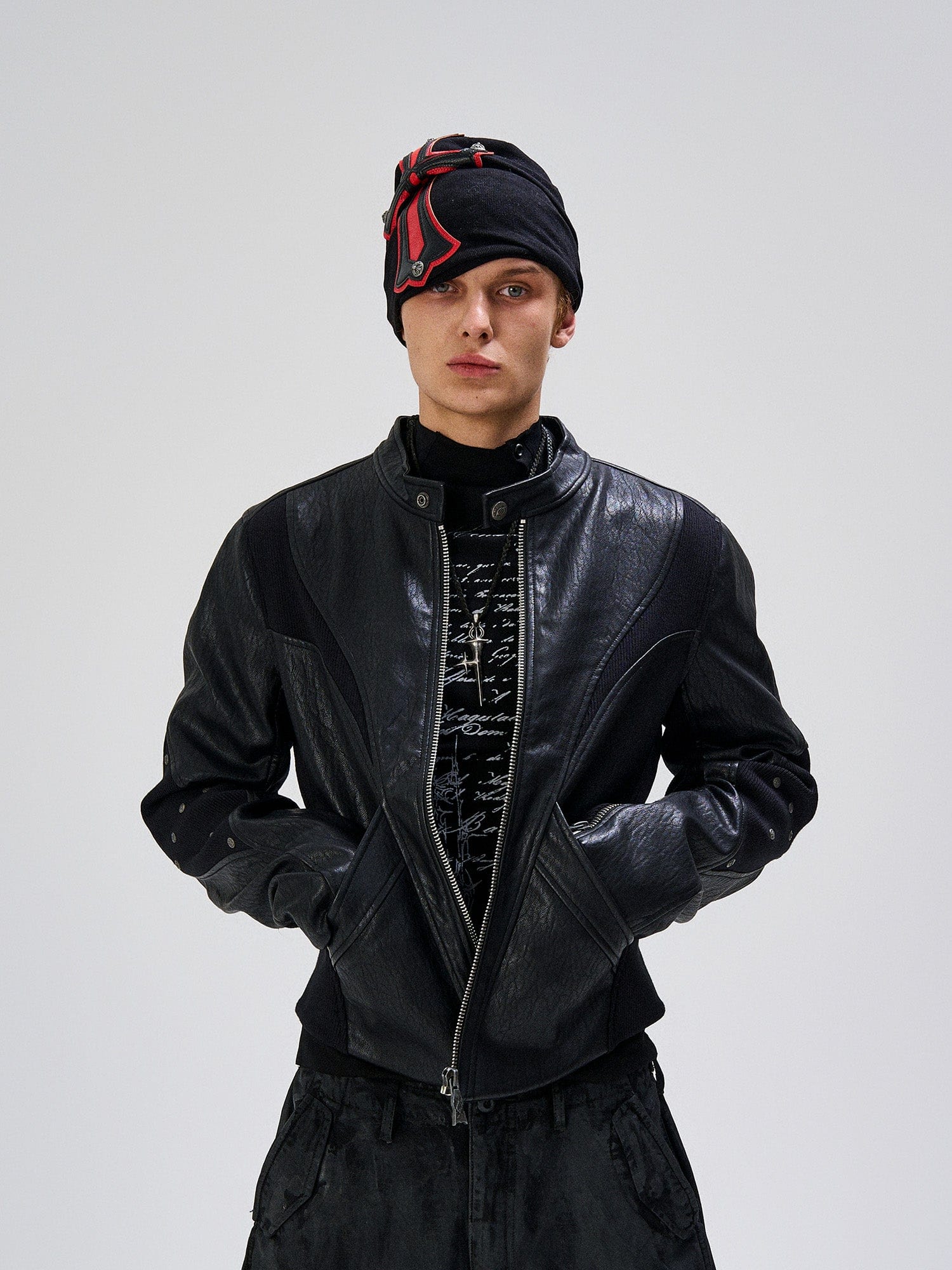 FLYERRER Structured Panel Faux Leather Biker Jacket