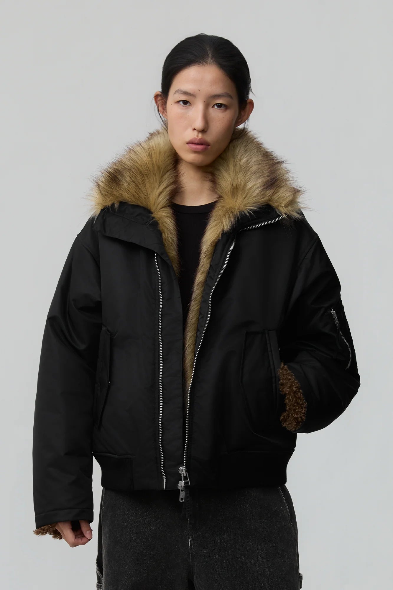 OPICLOTH Faux Fur-Lined Spliced Bomber Jacket