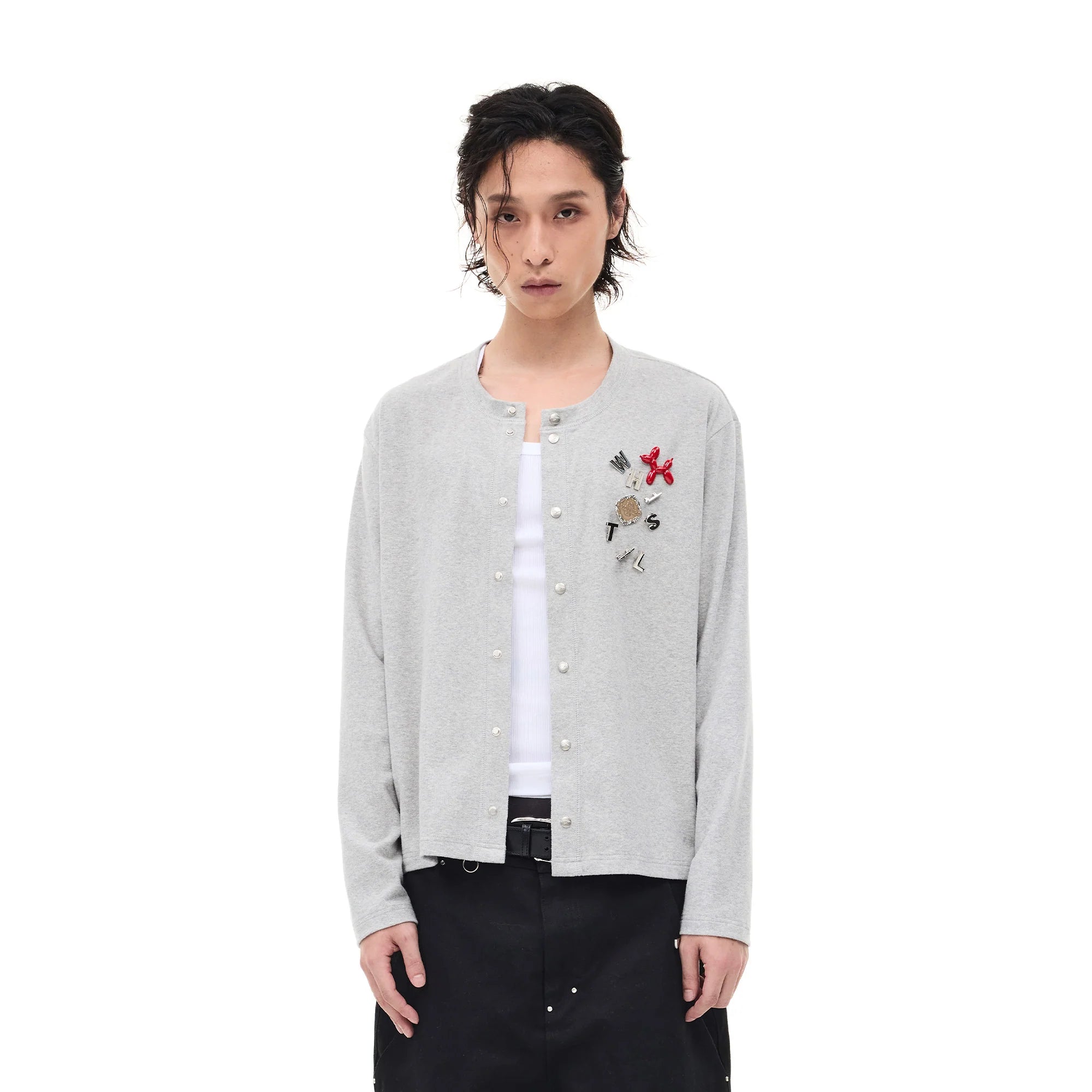 WHISTLEHUNTER Monogram Pin Wool-Blend Snap Cardigan