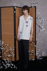 JIECHI Butterfly&Floral Asymmetrical Sheer V-Neck Vest