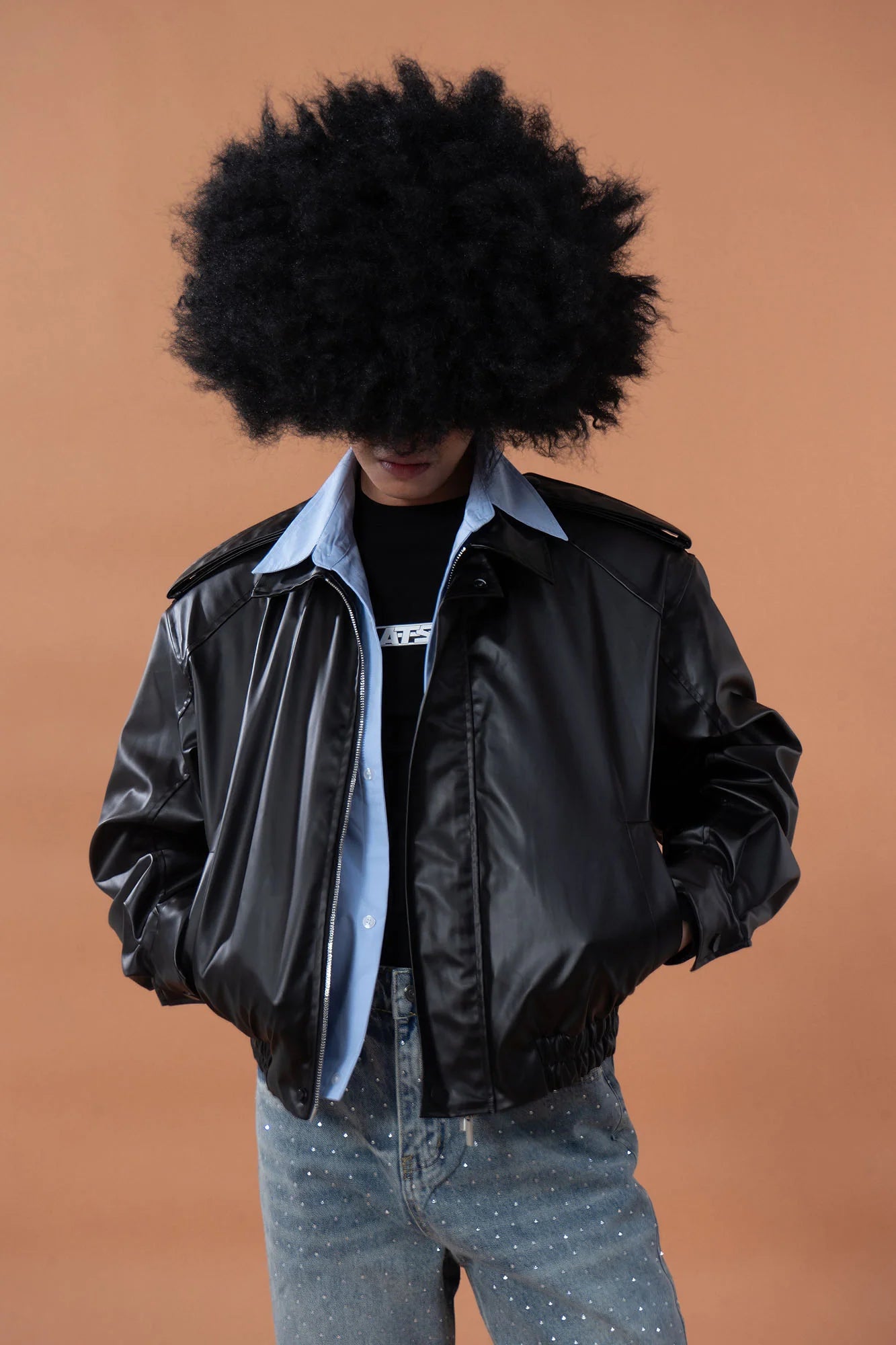 CLP Contrast Layer PU Cropped Moto Jacket