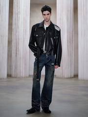 FACEONLAB Metal Epaulettes Belted Faux Leather Jacket Black