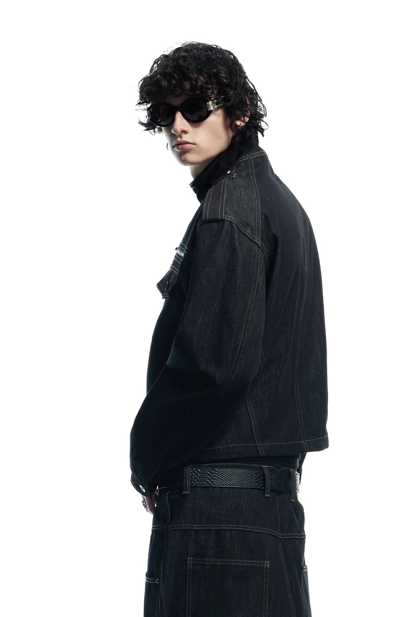 DND4DES Asymmetric Button Stand Collar Raw Denim Jacket