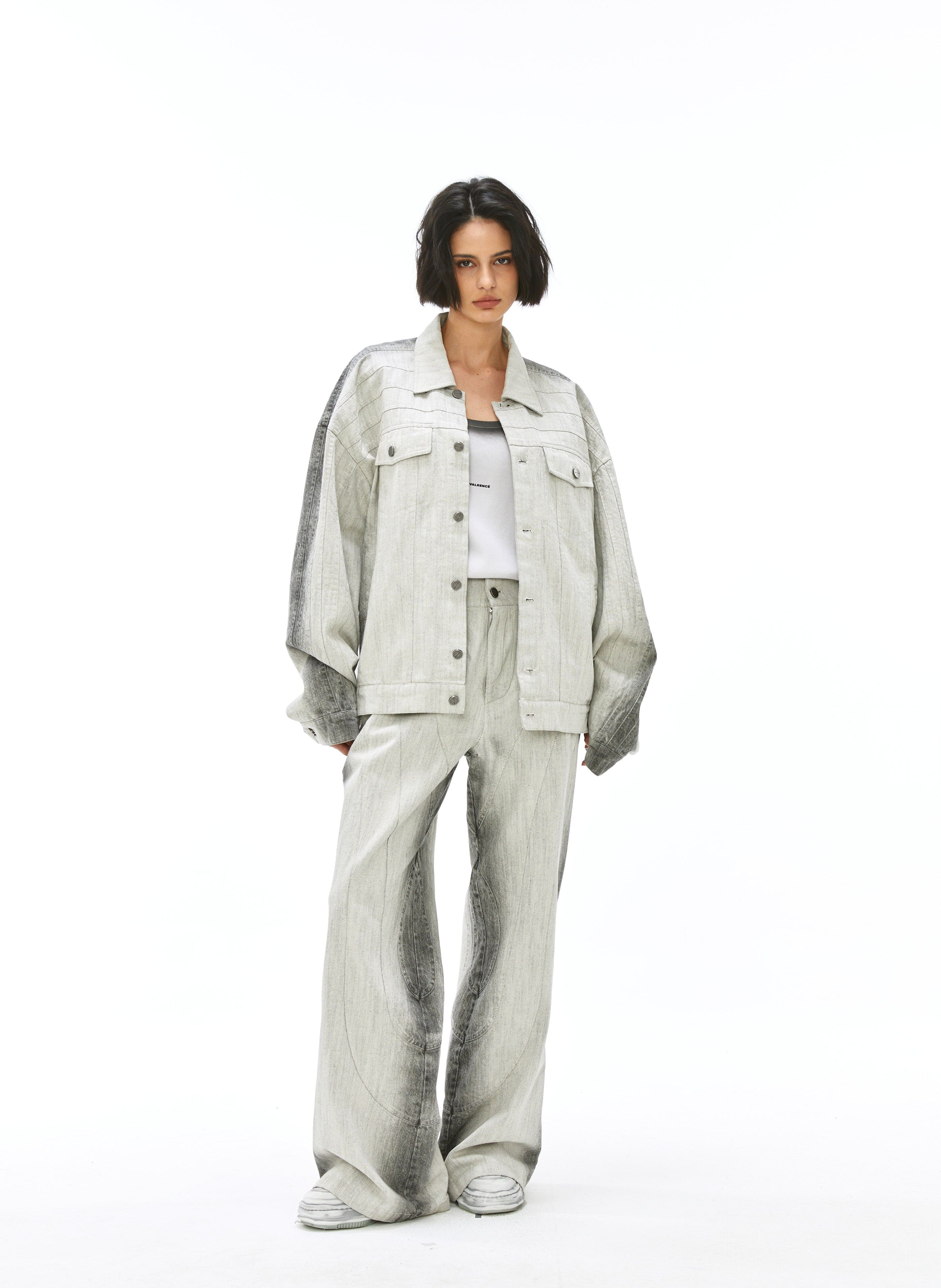 VANN VALRENCE Structured Panel Gradient Sleeve Washed Denim Jacket