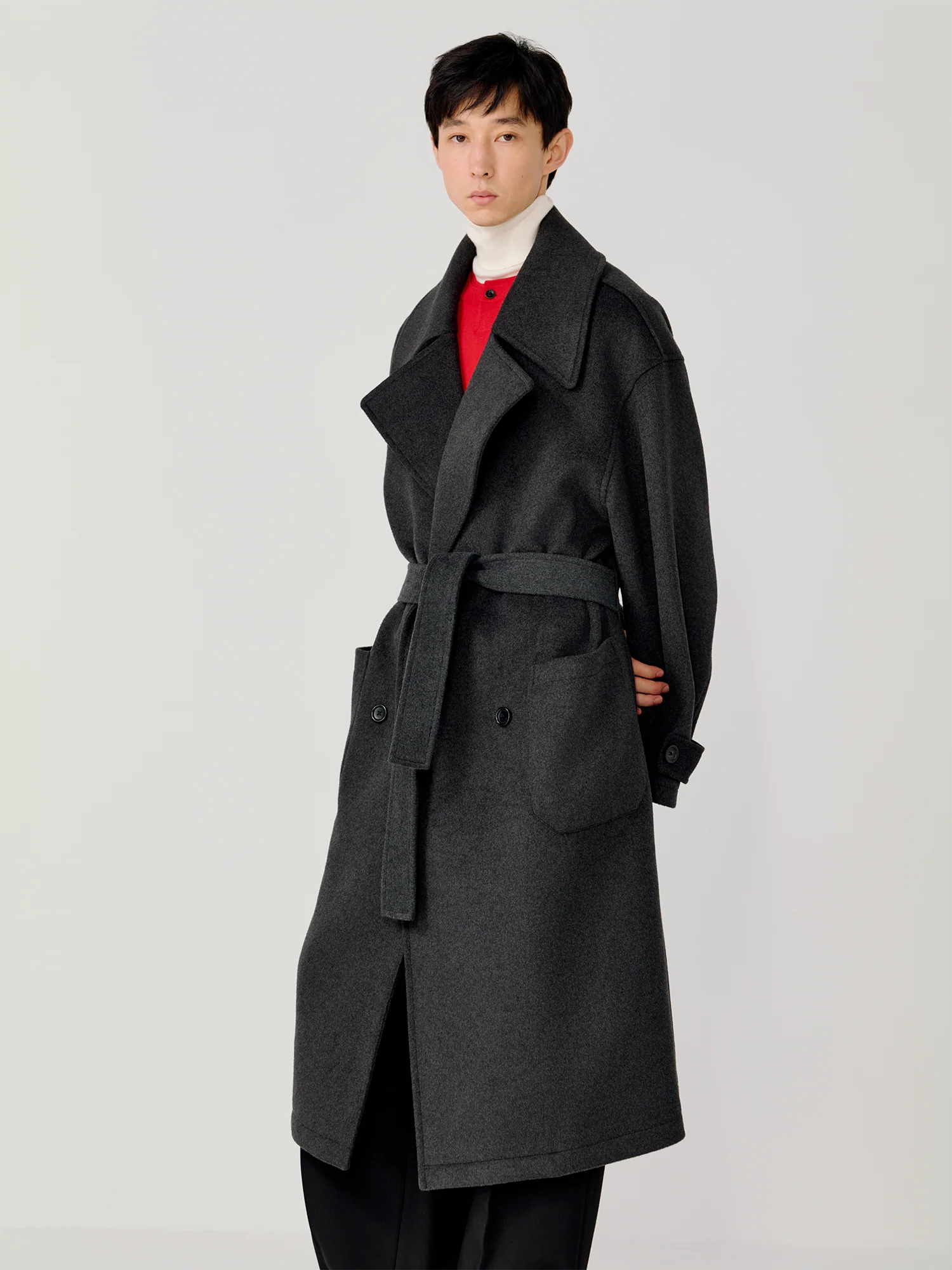 OPICLOTH Belted Wool-Blend Peak Lapel Overcoat