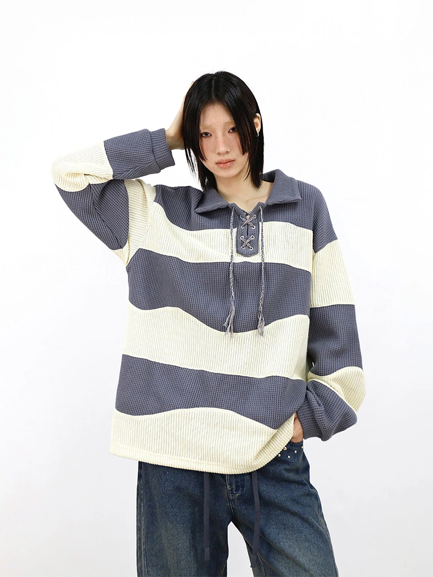 RELABEL Waffle-Knit Stripe Lace-Up Sweatshirt