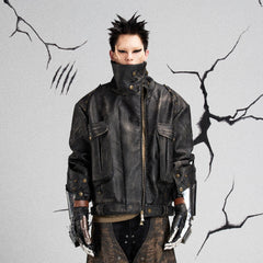 FLYERRER Mutation Knight Armor Distressed High-Collar Faux Leather Jacket