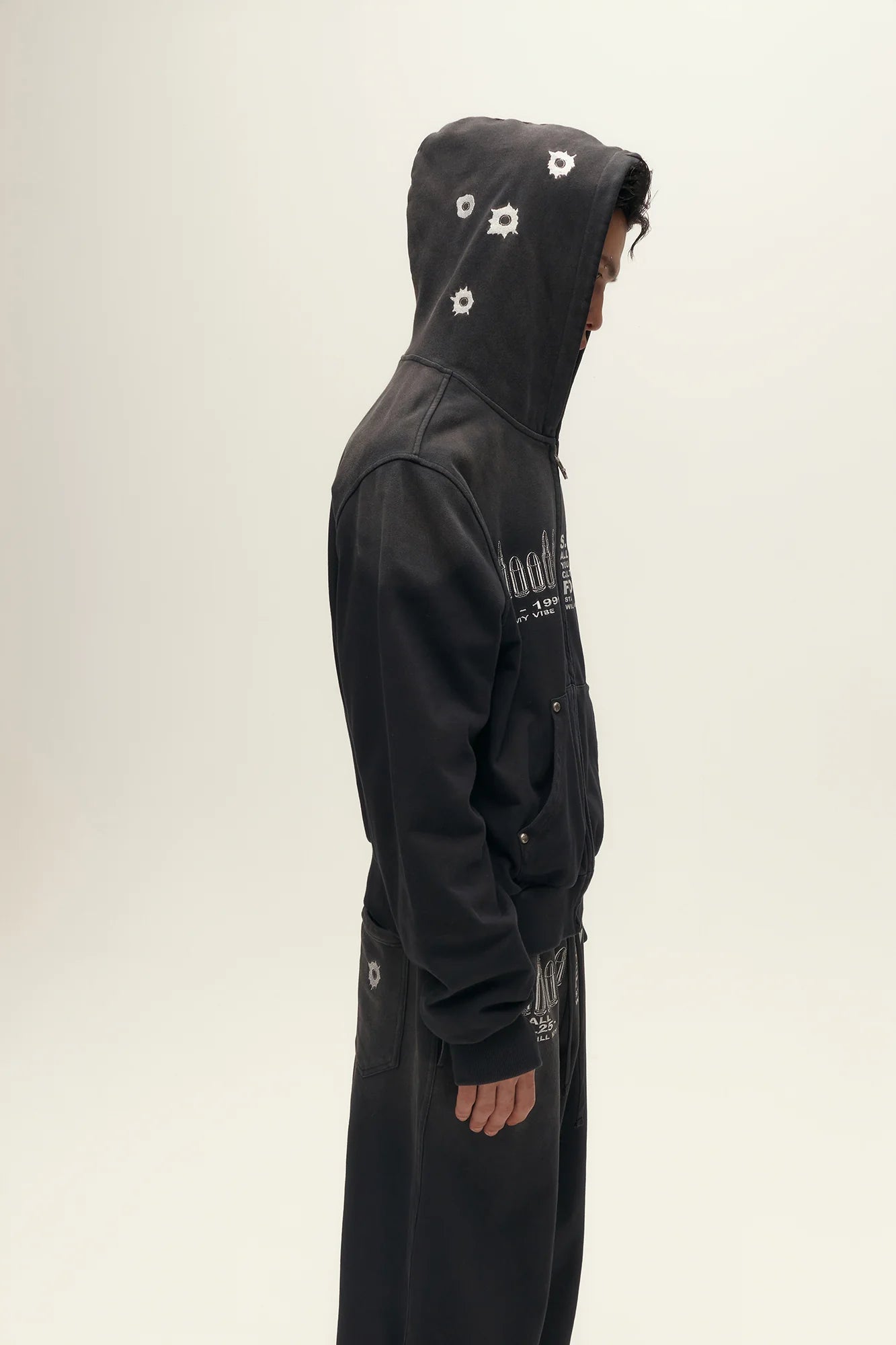SAVAGEGROWTHWORLD Bullet Hole Graphic Washed Zip-Up Hoodie