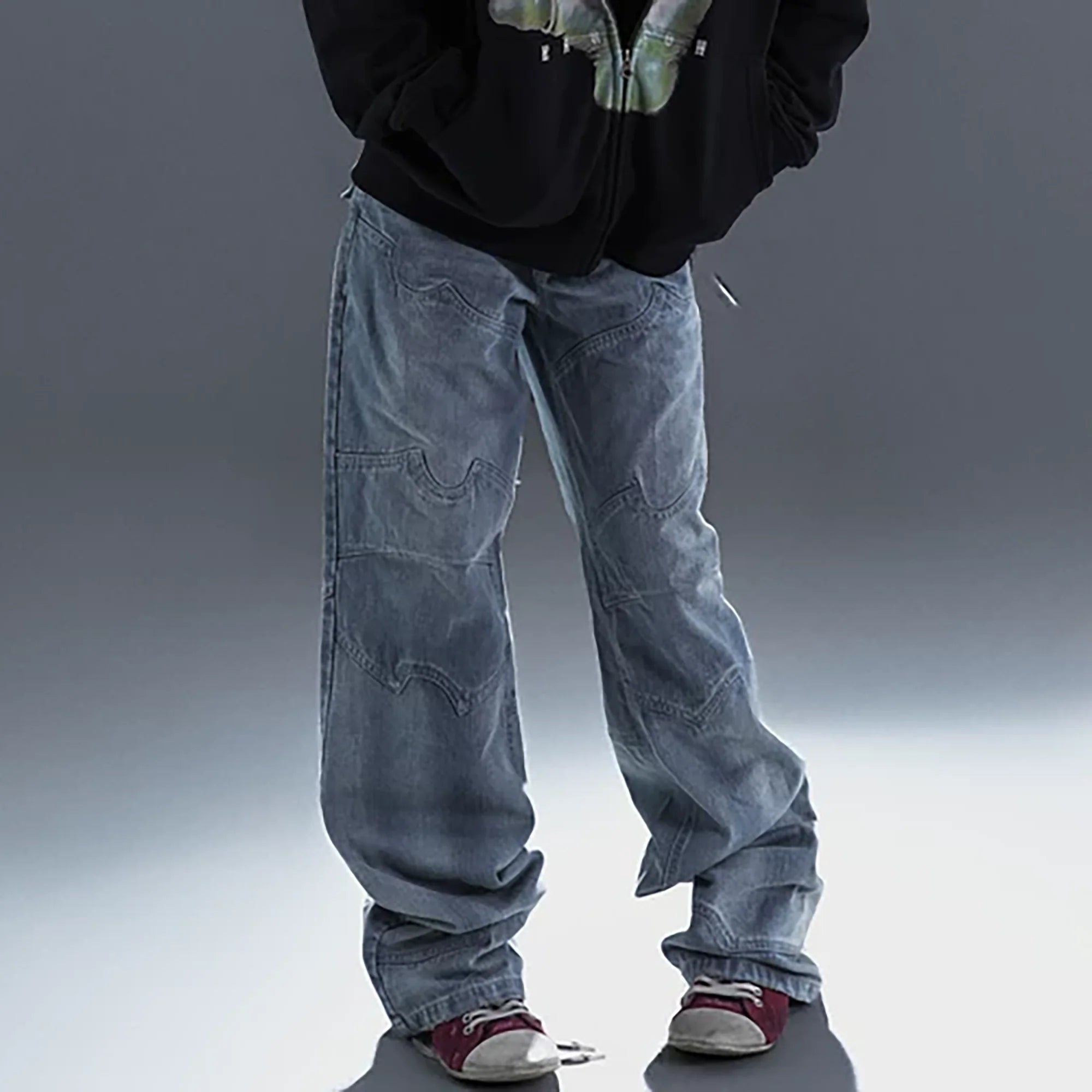 PCCVISION Washed Paneled Straight-Leg Denim