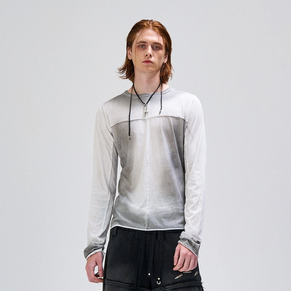 FLYERRER Washed Gradient Cross-Panel Raw-Edge Long-Sleeve Tee